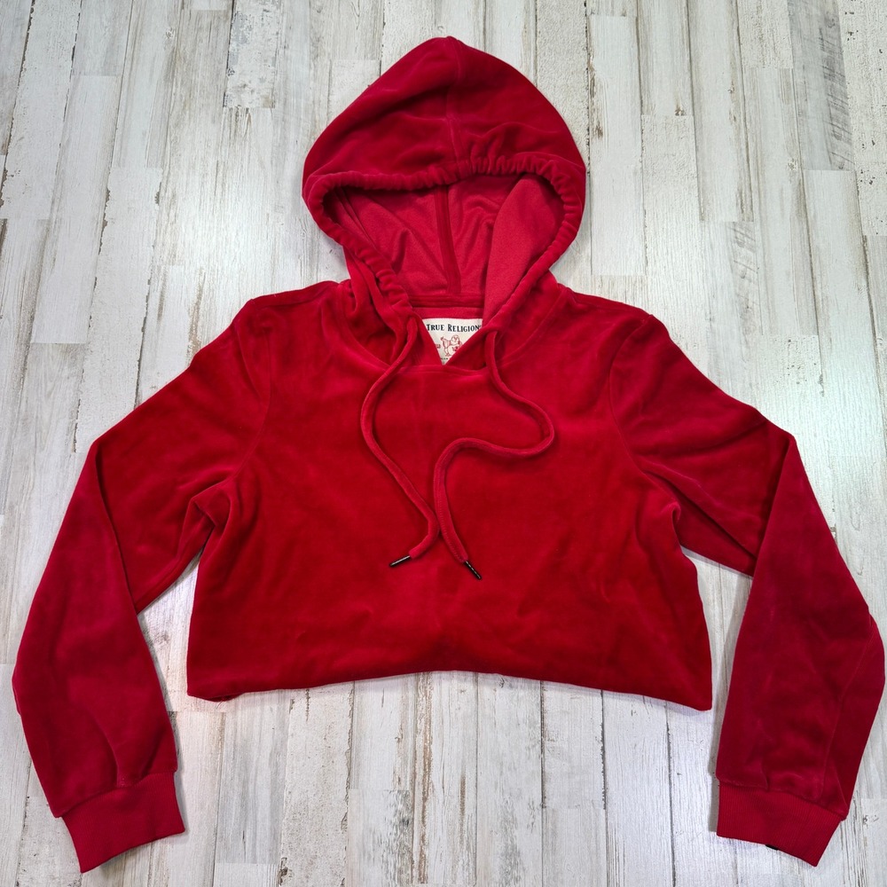 True Religion Womens Small Red Velour Crop Hooded Pullover Hoodie Y2K Streetwear